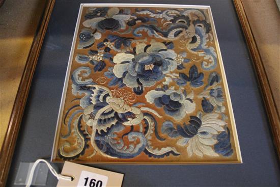 Late 19C Chinese embroidered panel worked in blue & white silks with insects, foliage etc